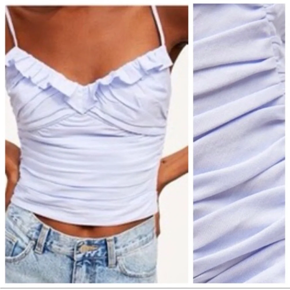 Zara Ruffle Crop Blue Ruched Top - Picture 4 of 10
